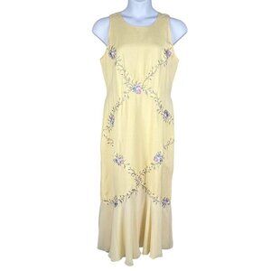 Plaza South 14 Linen Blend Yellow Embroidered Maxi Dress Flounce Hem Cottagecore